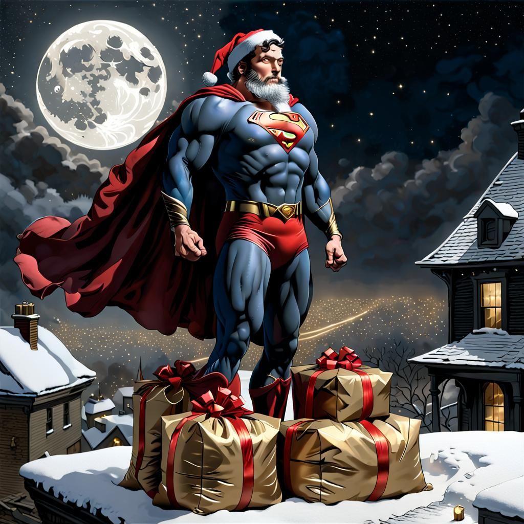Superman as Santa on Rooftop in Digital Baroque Style