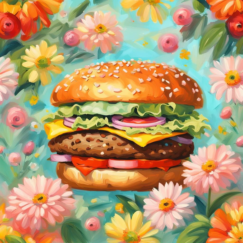 Hamburger in Flowers Digital Painting