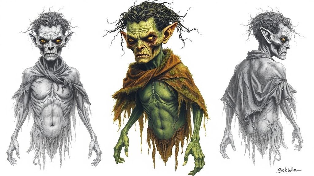 Grotesque Bog Witch Study in High-Contrast Pencil Drawing