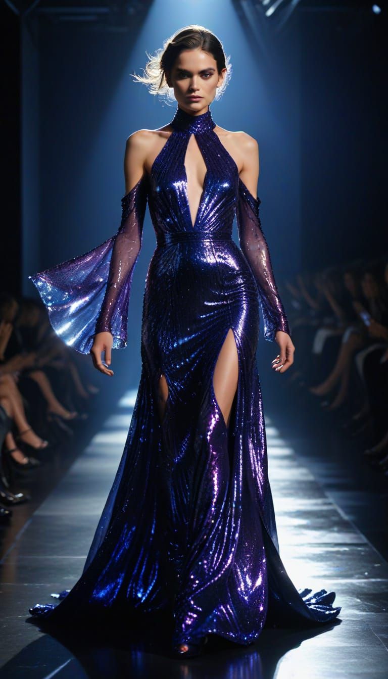 A model wearing a high-fashion outfit in a glowing runway setting.