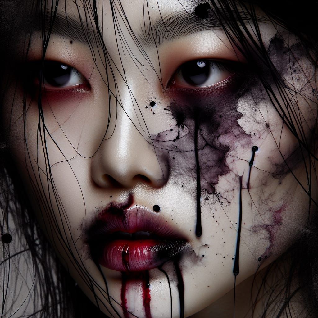 Eerie Asian Woman Portrait in Black Ink Splatters