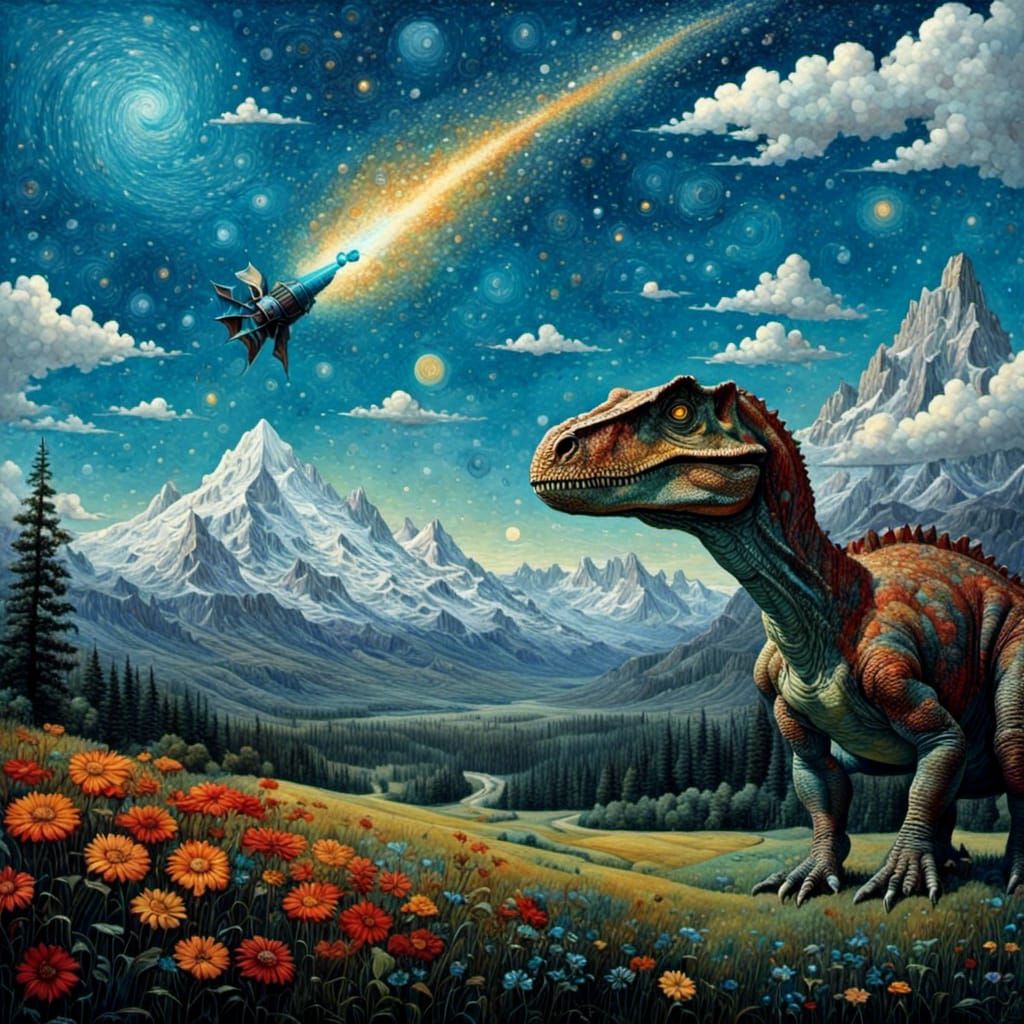 Dinosaur Portrait Under Galactic Sky in Surreal Style