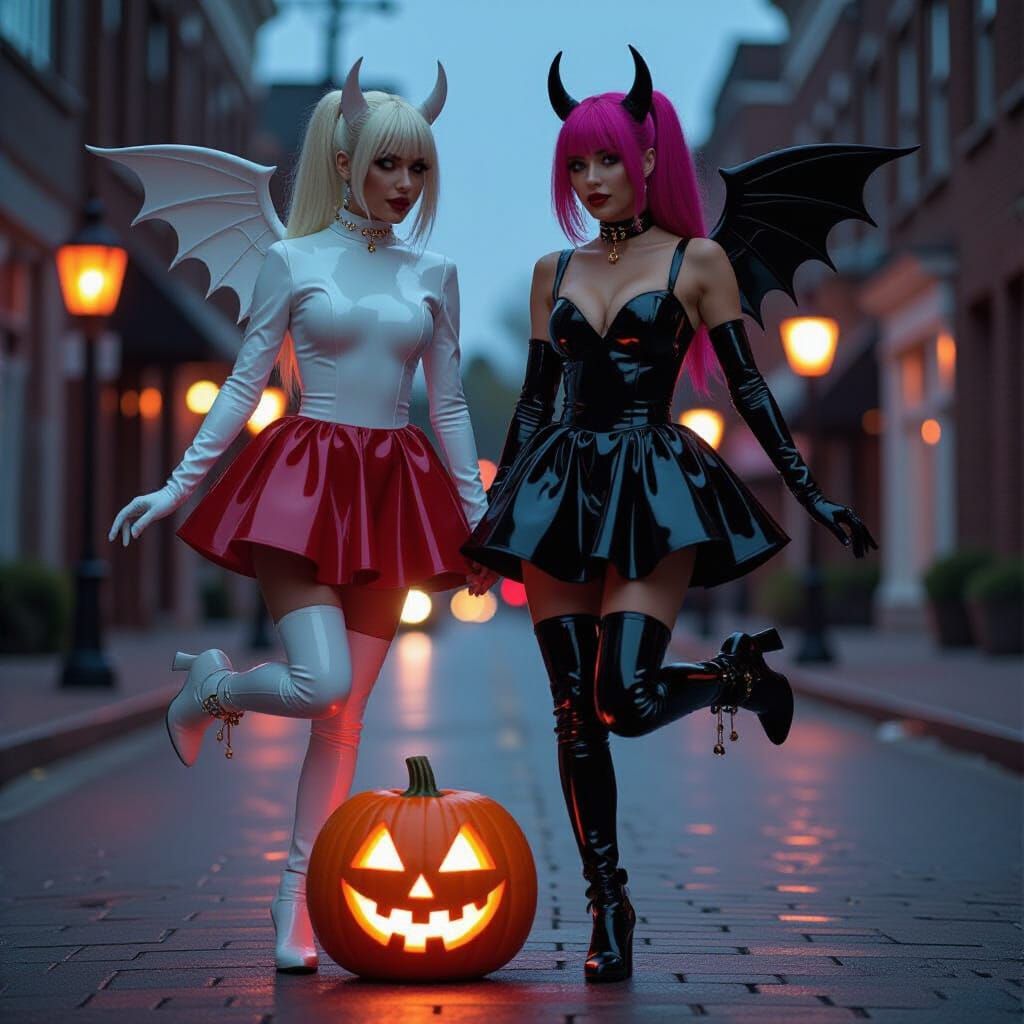 Woman with Rainbow Ponytails Leaps Over Jack-o'-Lanterns