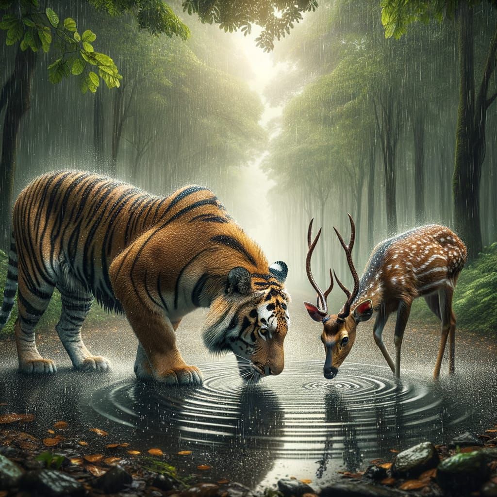 Bengal Tiger and Deer at Watering Hole in Teak Forest