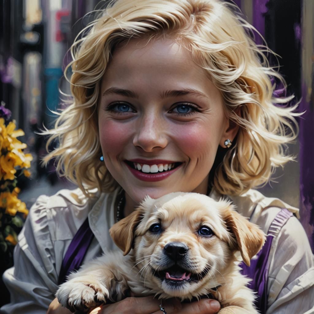 1980s Style Portrait of Woman with Puppy