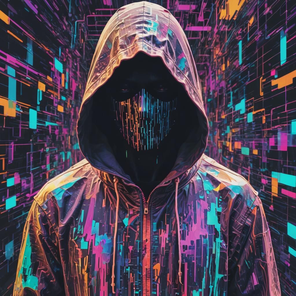 Hooded Faceless Hacker in Glitchcore Pop Art