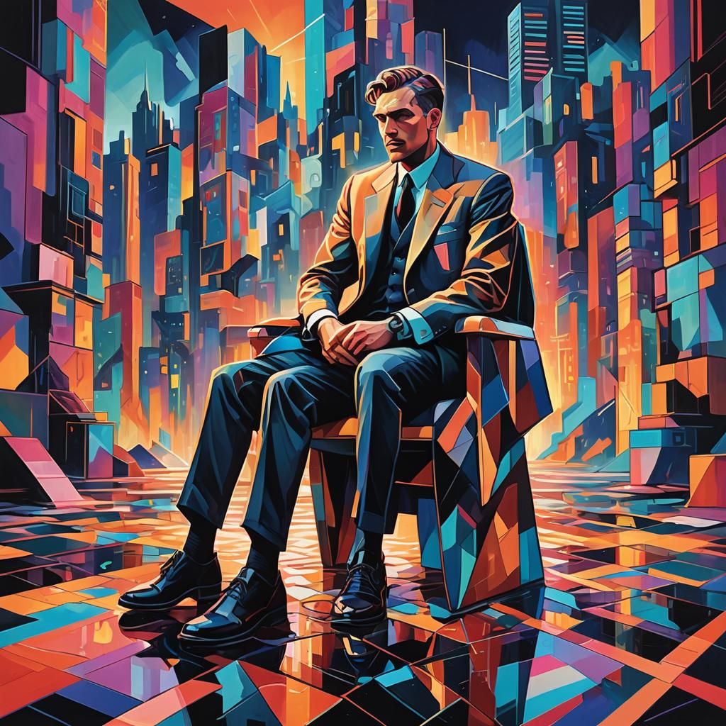 Mr. Ocean on Geometric Throne: Cubist Art Deco Painting