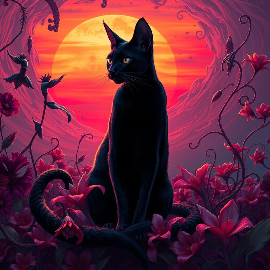 Mysterious Black Cat in Vibrant Floral Dreamscape