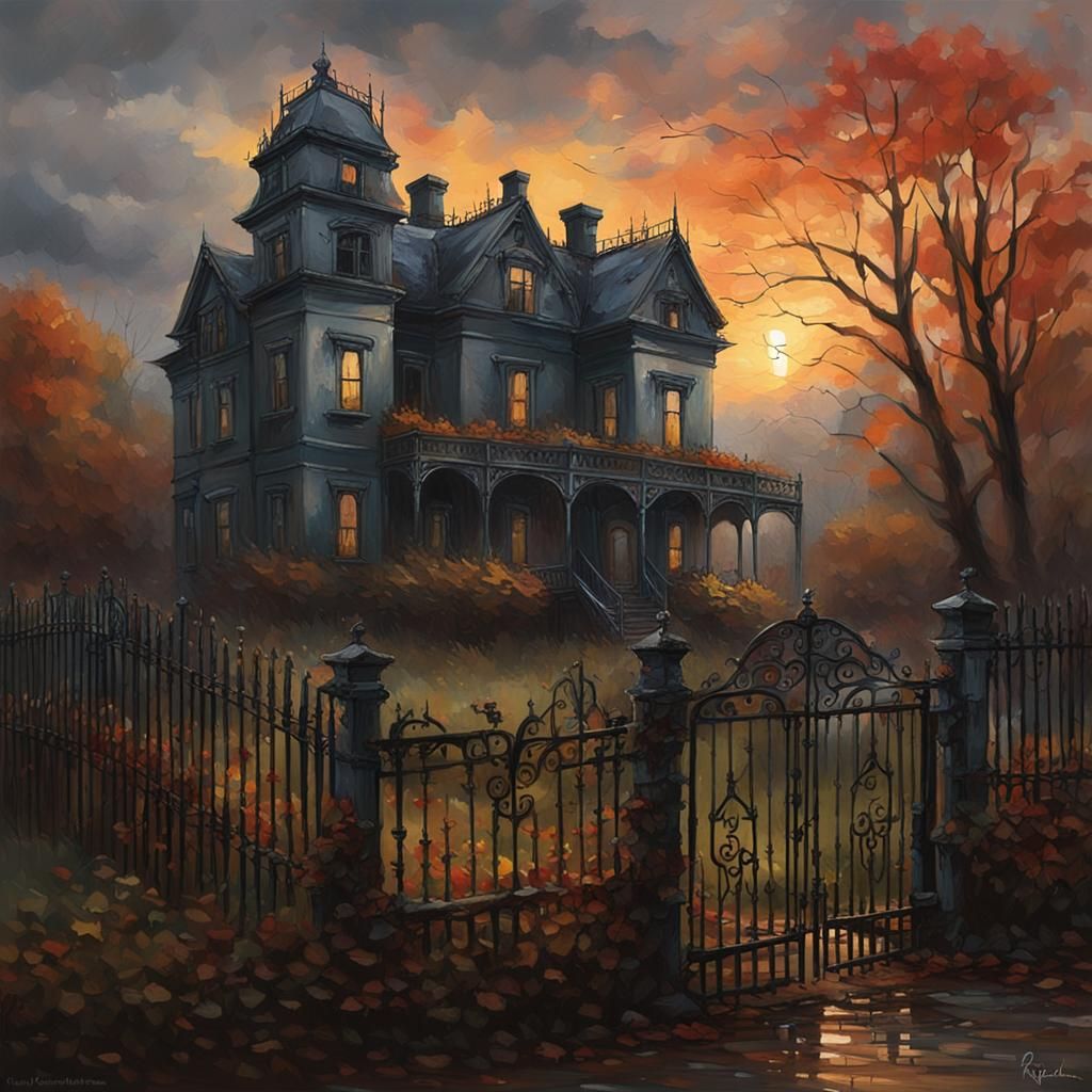 Sinister Dilapidated Manor House at Sunset