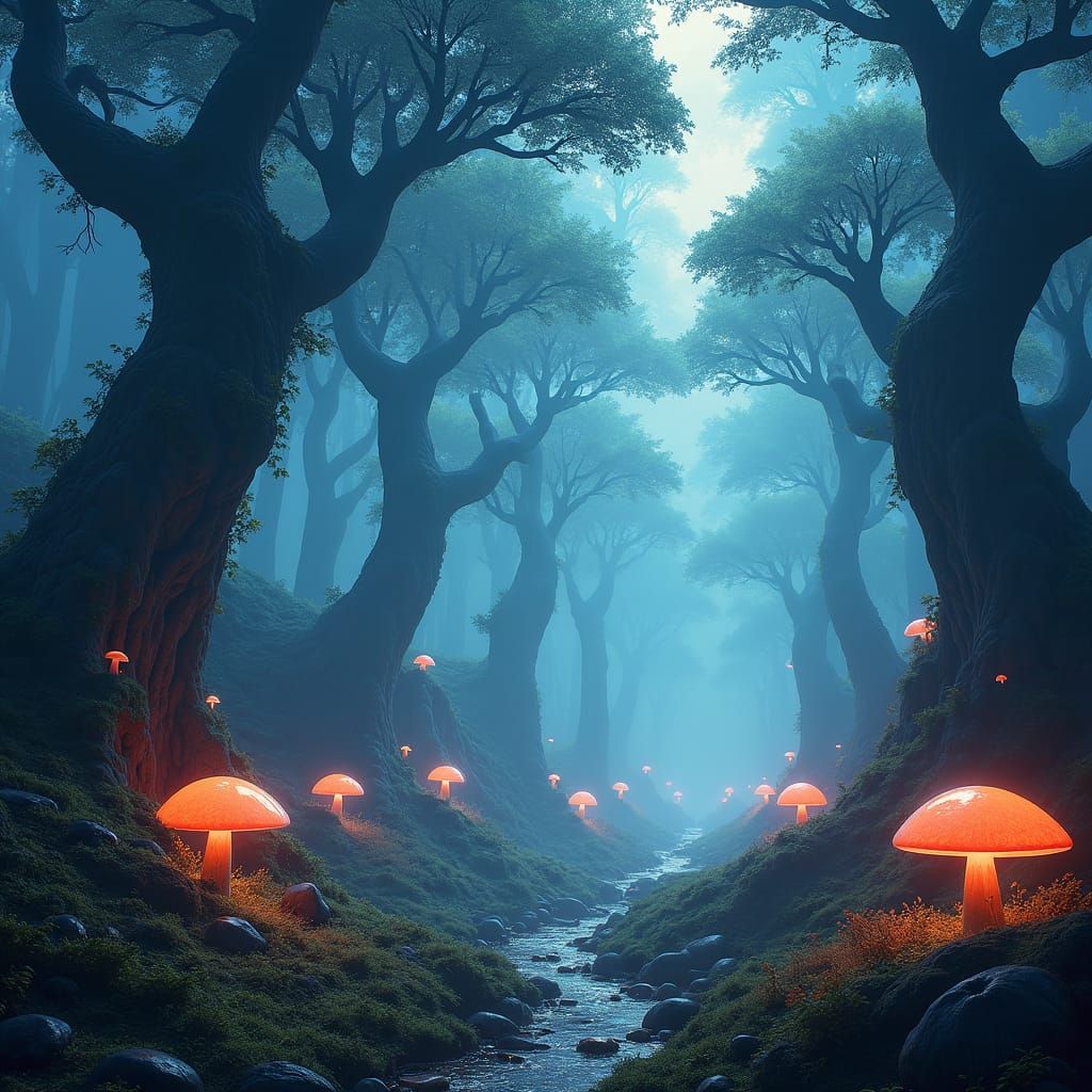 Ethereal Realm: Glowing Ruins in Fantasy Landscape