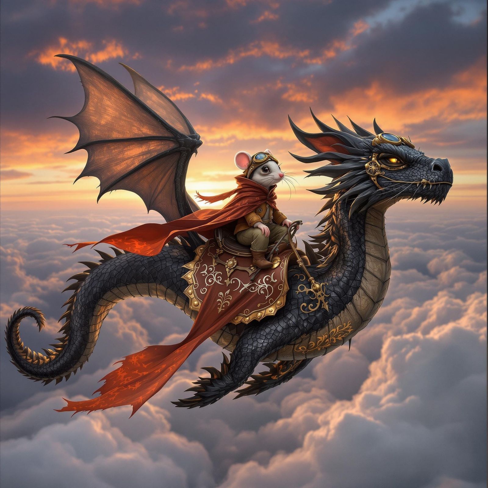 Whimsical Mouse Soars on a Dark Fire Dragon at Sunset