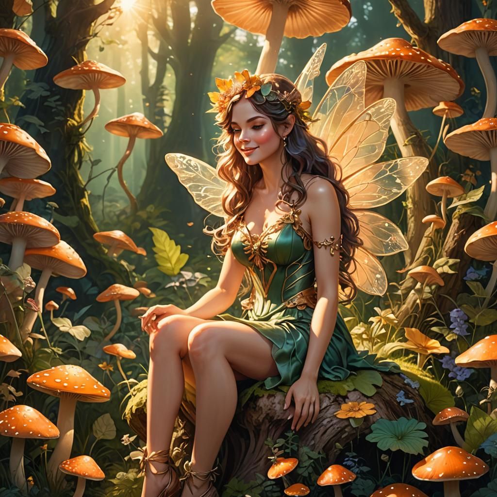 Fairy Lounging on Mushroom Cap at Golden Hour