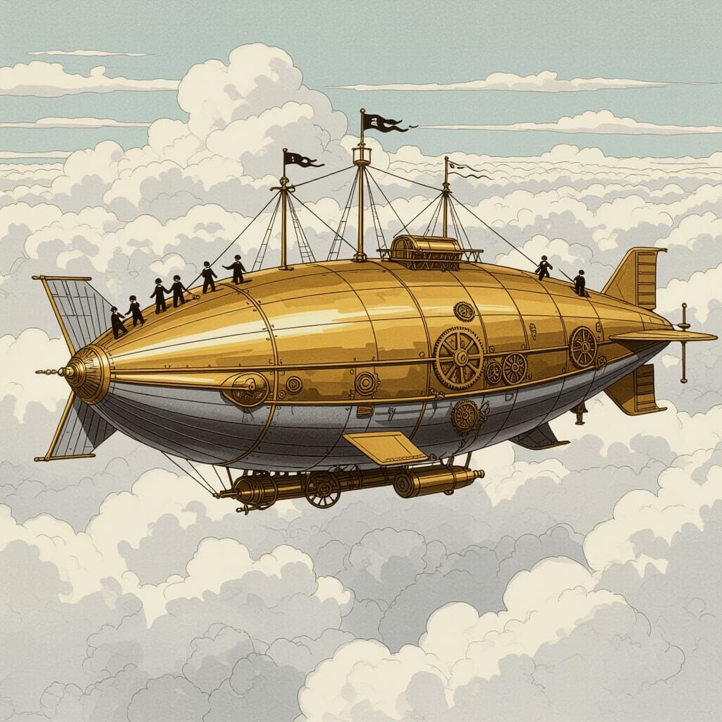 Whale Airship Soaring Through Clouds in Steampunk Style