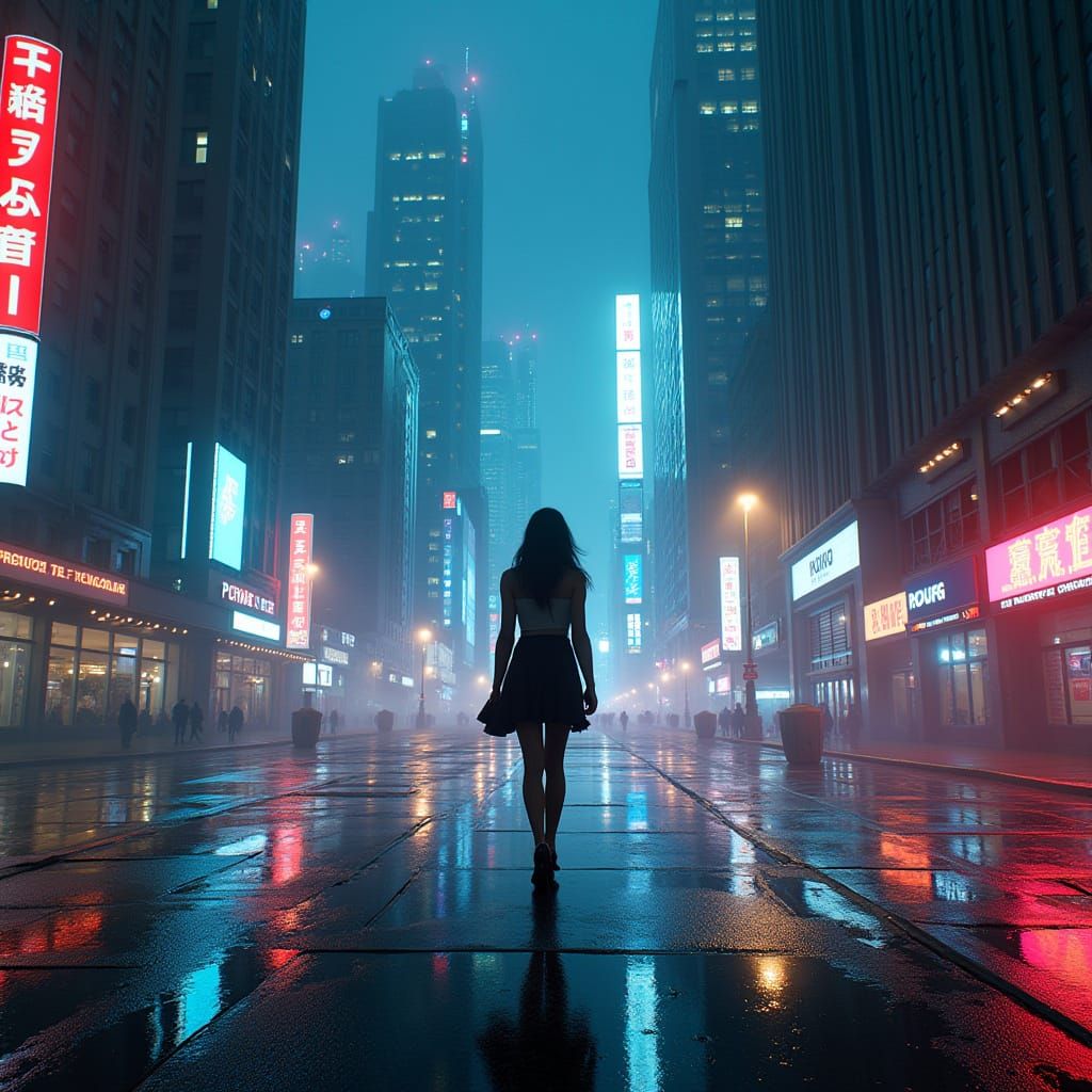 Cyberpunk Woman in Neon Cityscape