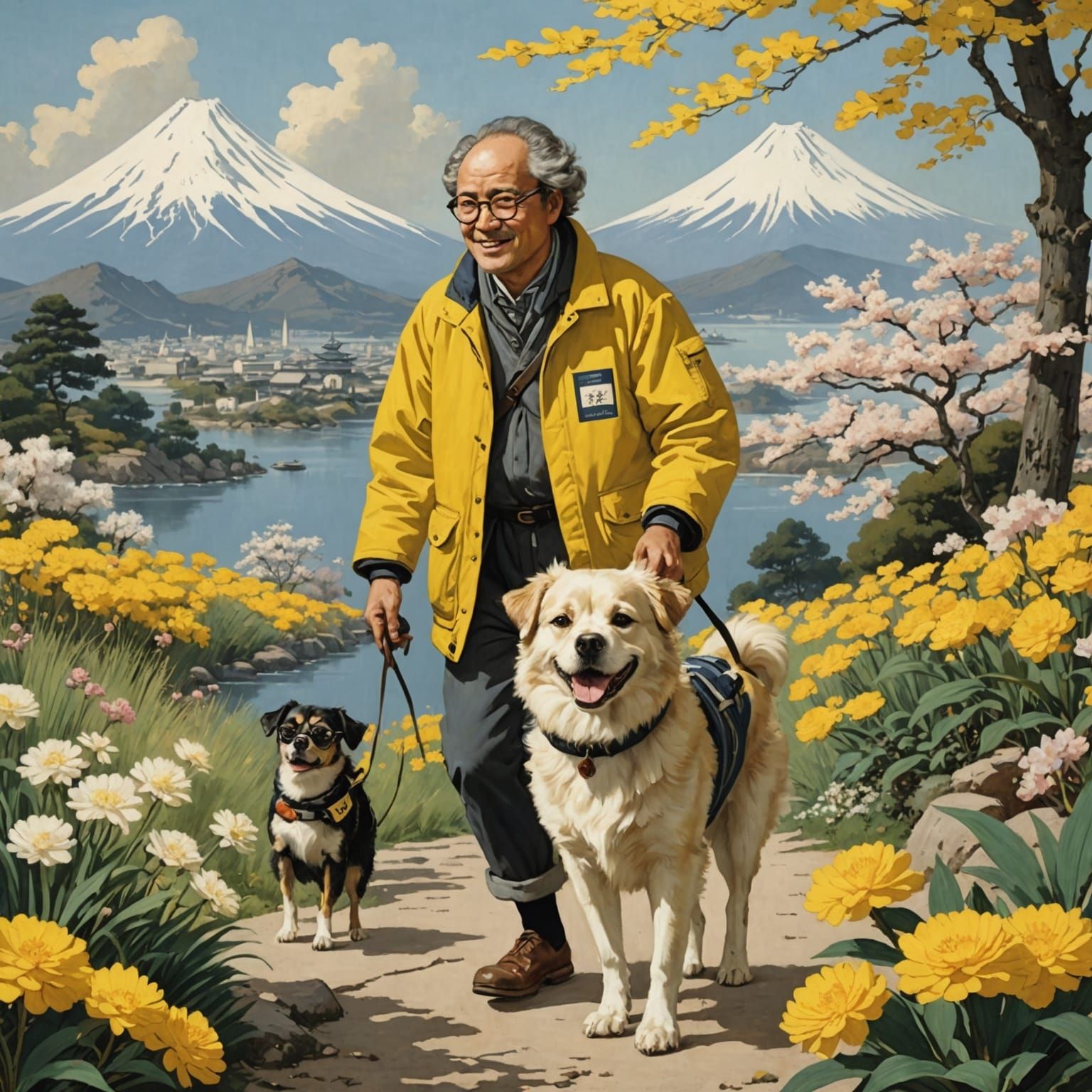 Blind Man Led by Service Dog in Ukiyo-e Style