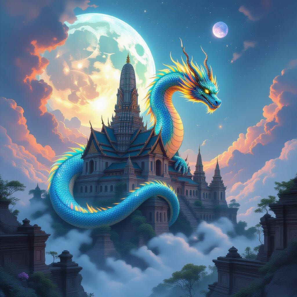 Bioluminescent Dragon Coiled Around Thai Palace on Alien Pla...