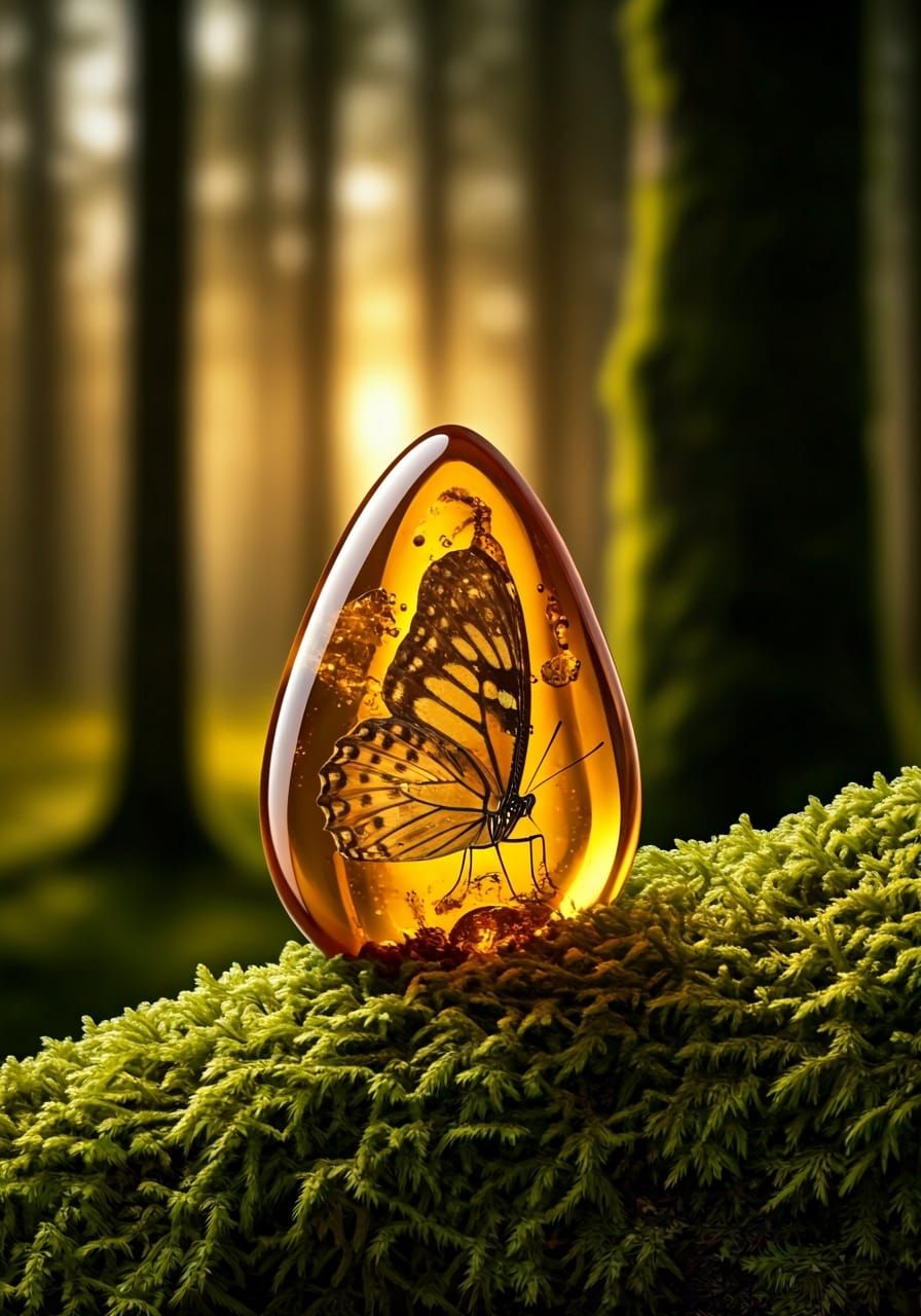 Butterfly in Amber, Photorealistic Forest Scene