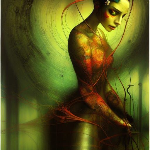 Girl in Green and Blue with Circuitry Details