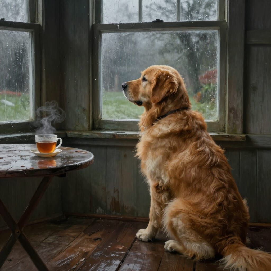 Golden Retriever on Porch Gazing Out Window