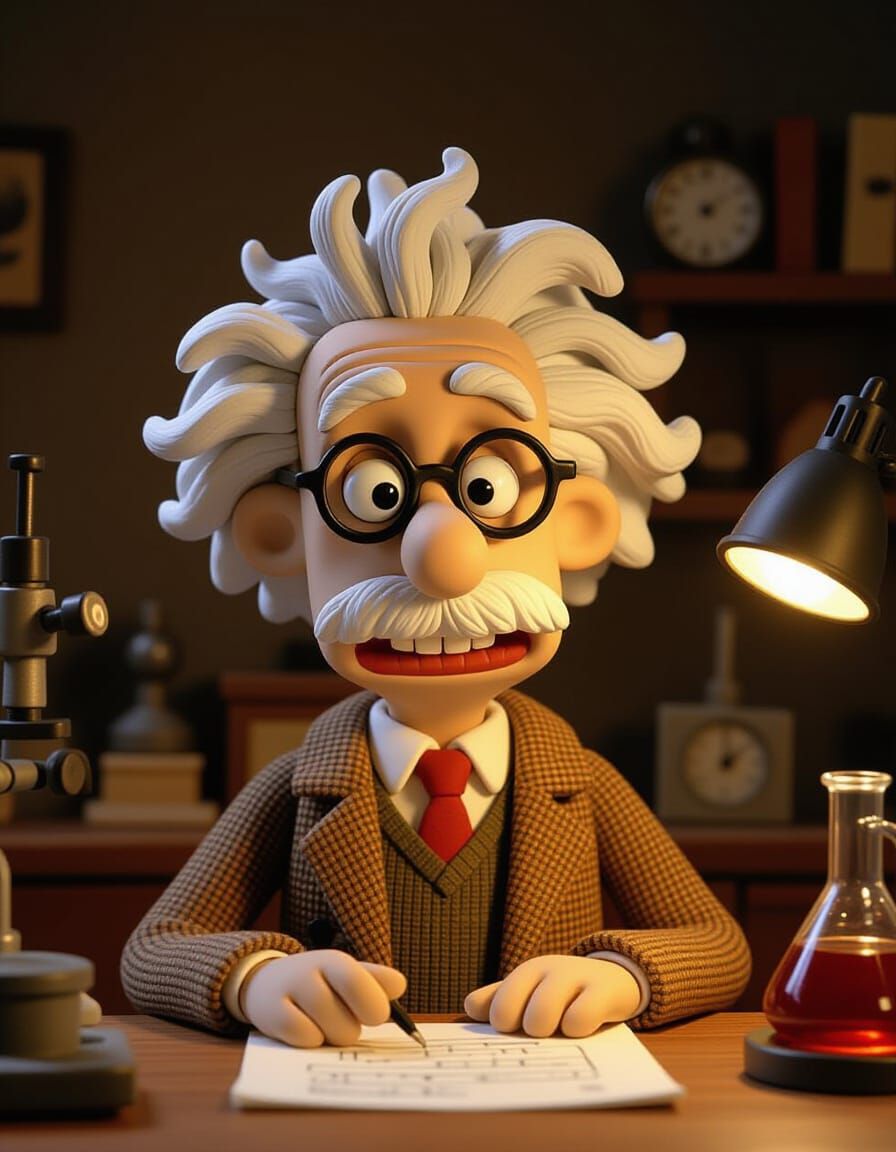 Claymation Albert Einstein in a Cluttered Lab