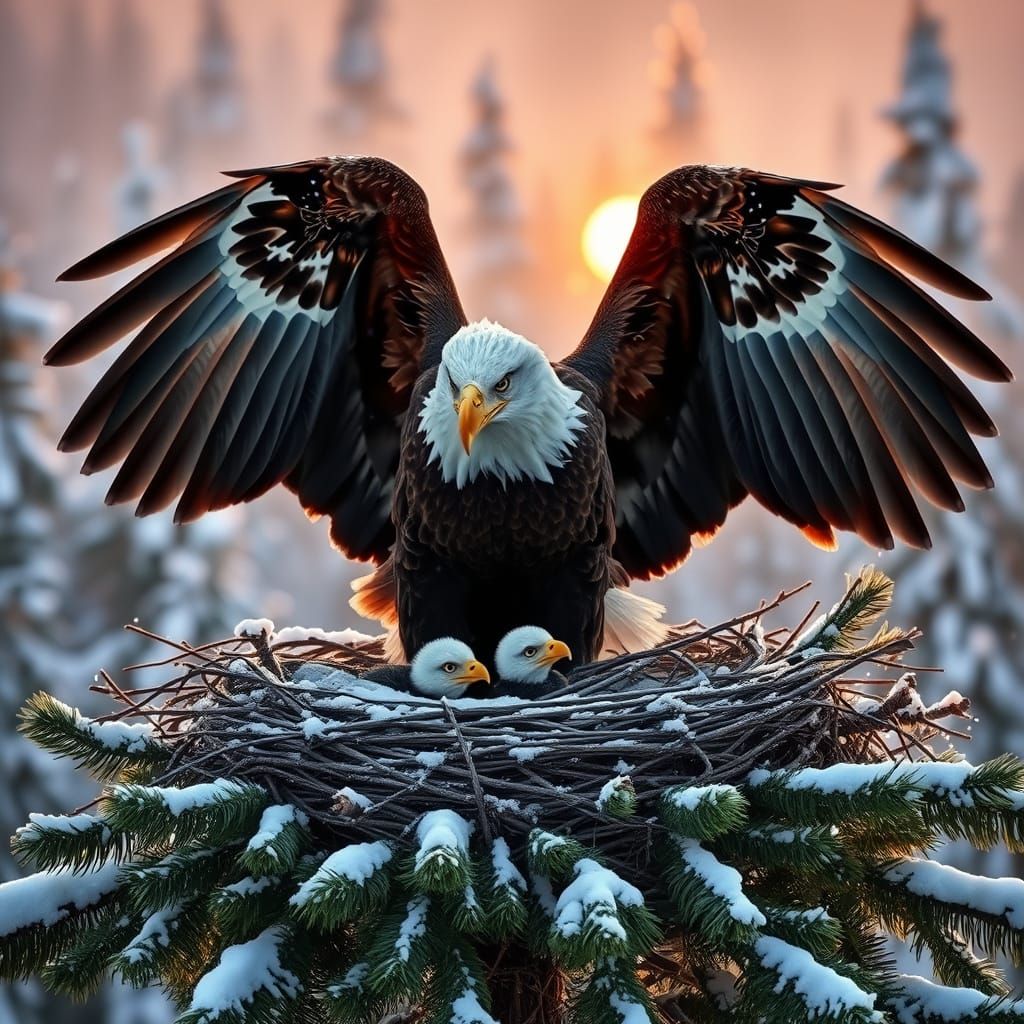 Giant Bald Eagle Protects Nest from Snowy Storm