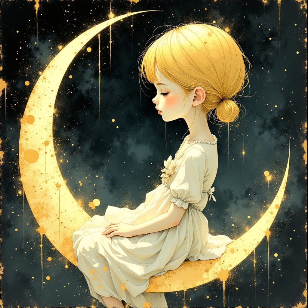 Girl on Moon in Dreamy Arthur Rackham Style