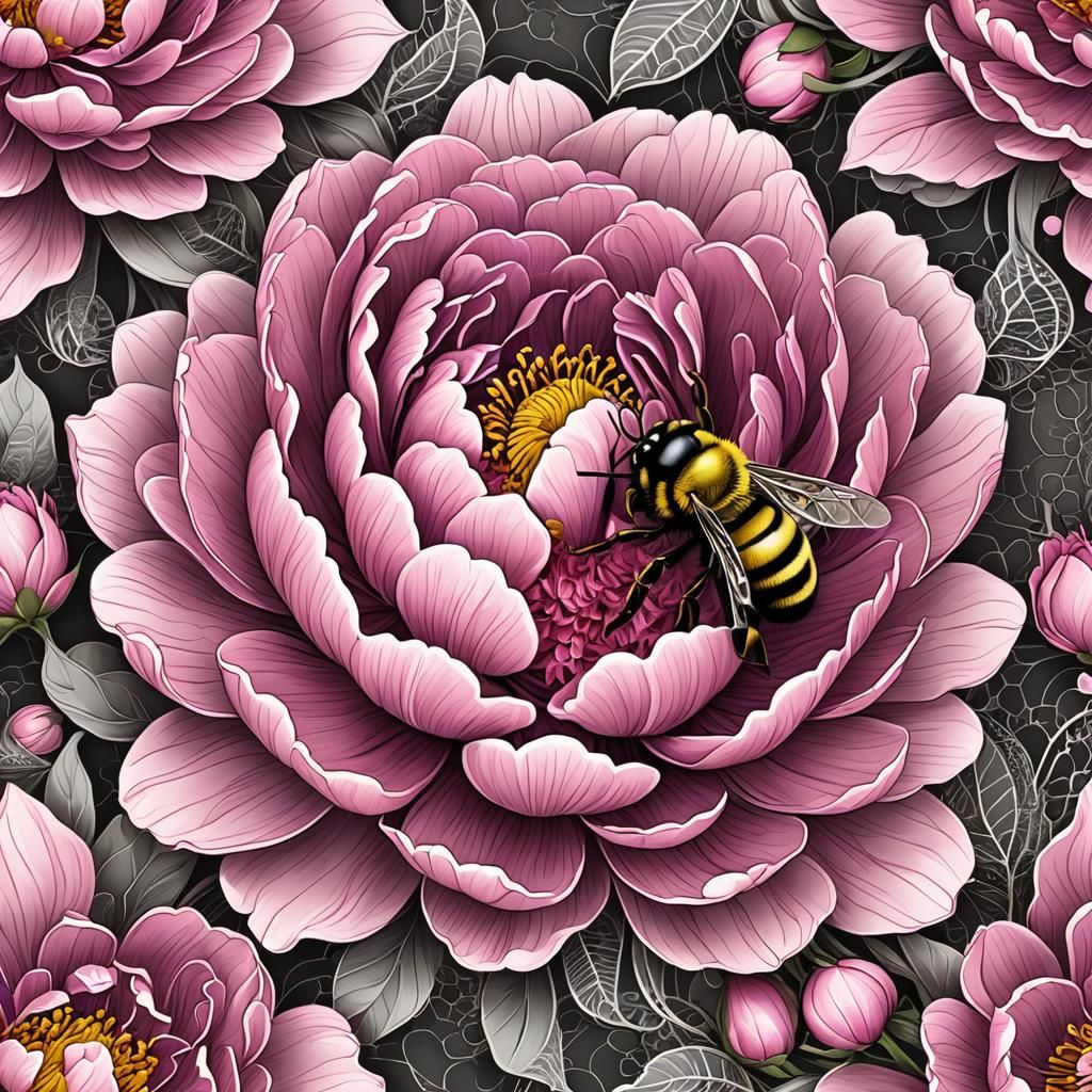 Bumble Bee on Pink Peony in Abstract Vector Style