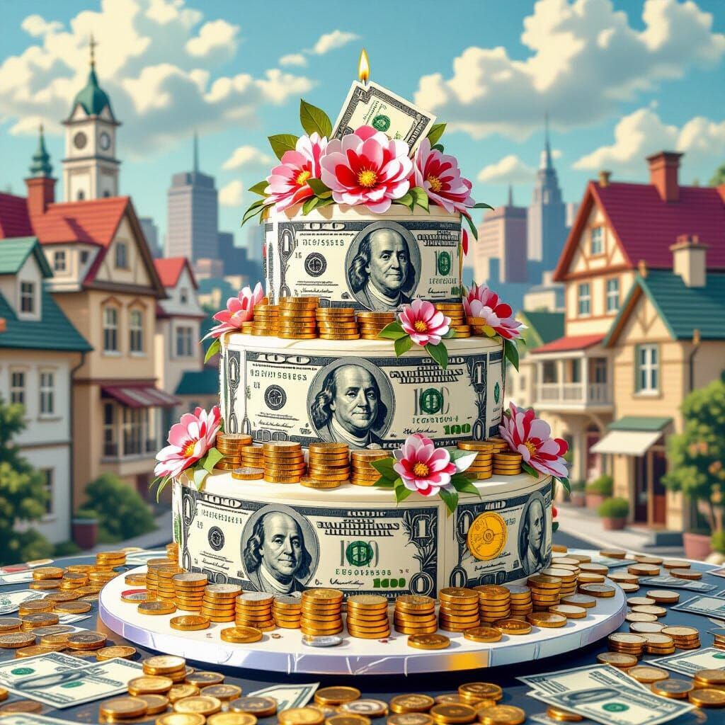 Money Cake Cityscape in Epic Impressionist Style