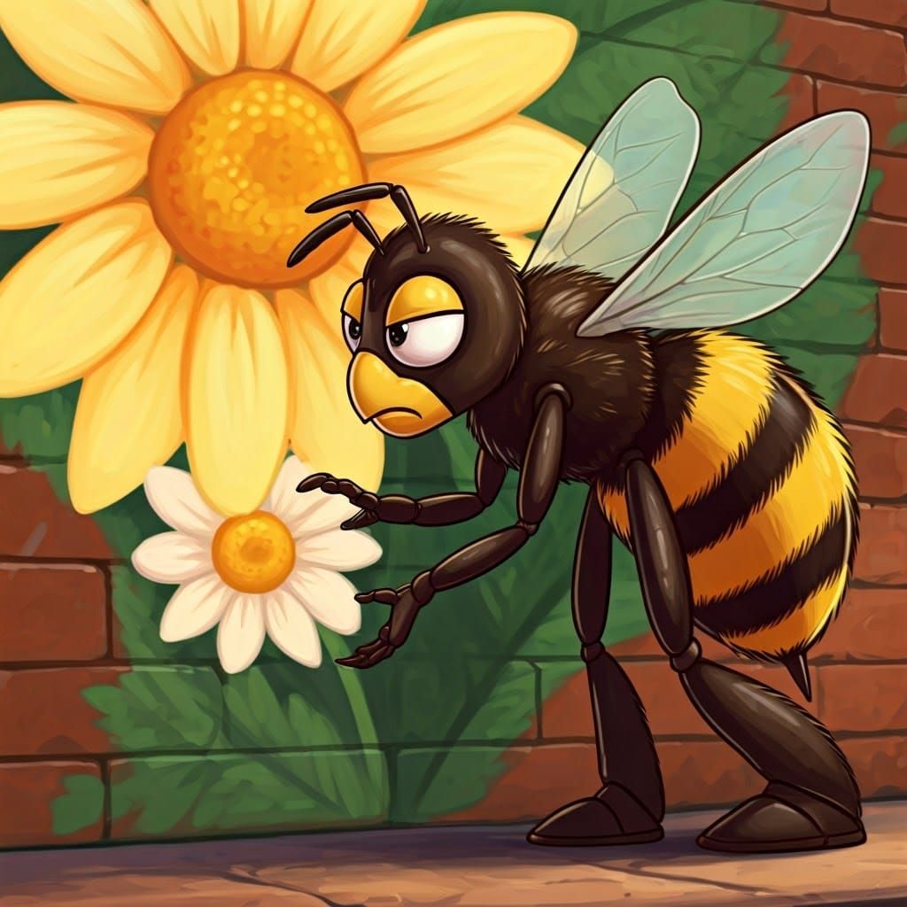 Enraged Cartoon Bee Struggles to Reach Wall Flower
