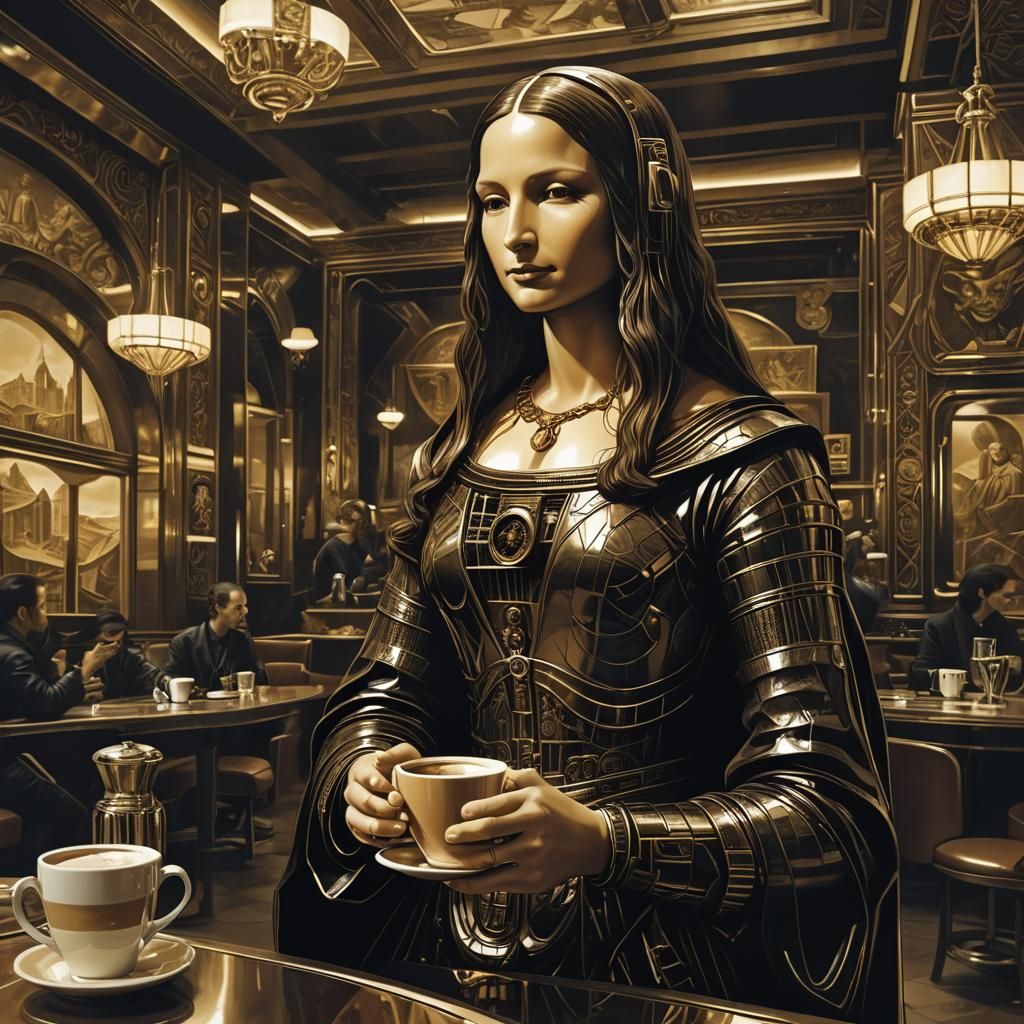 Mona Lisa in Neo-Futuristic Coffee Shop