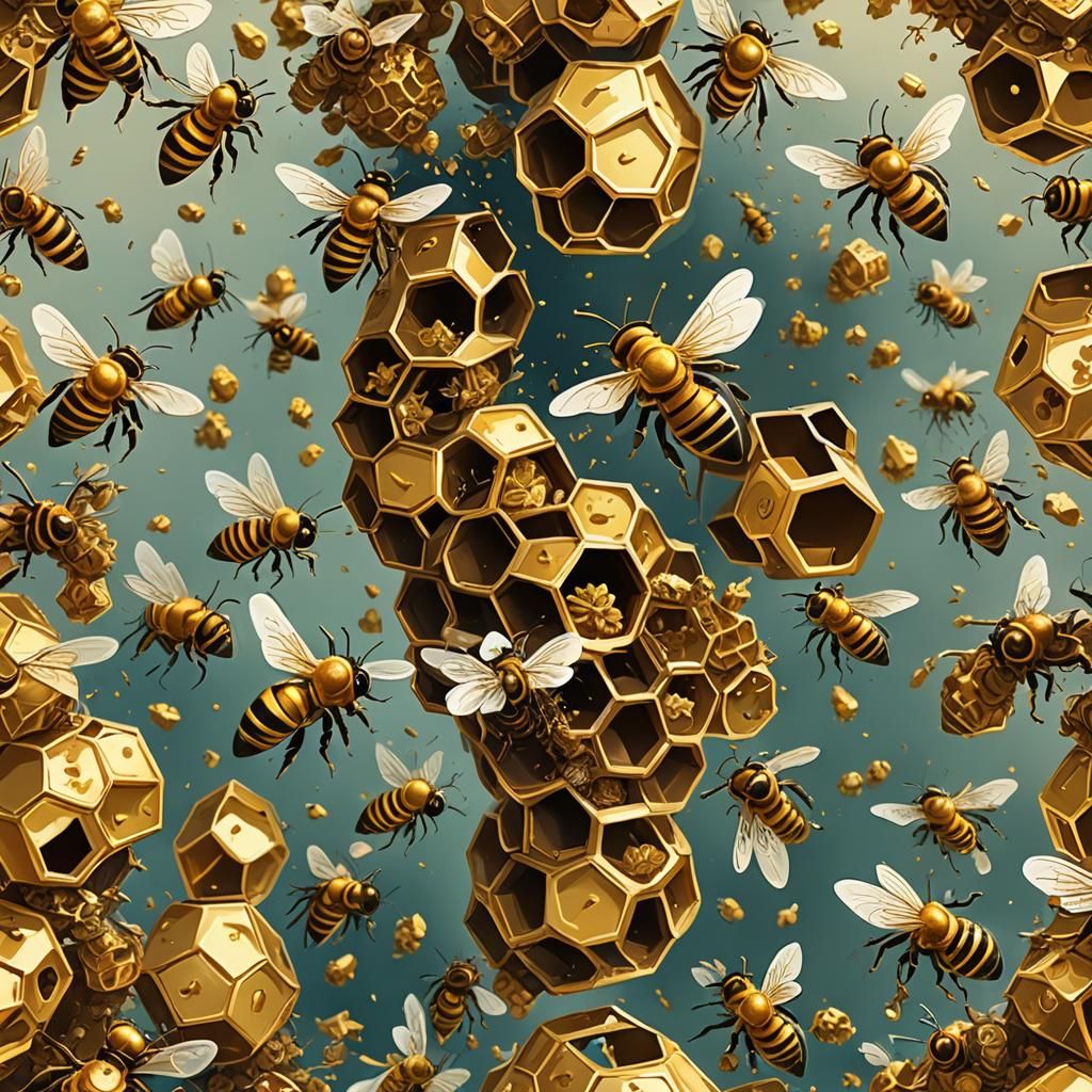 Golden Beehive Fantasy with Flying Gold Bees