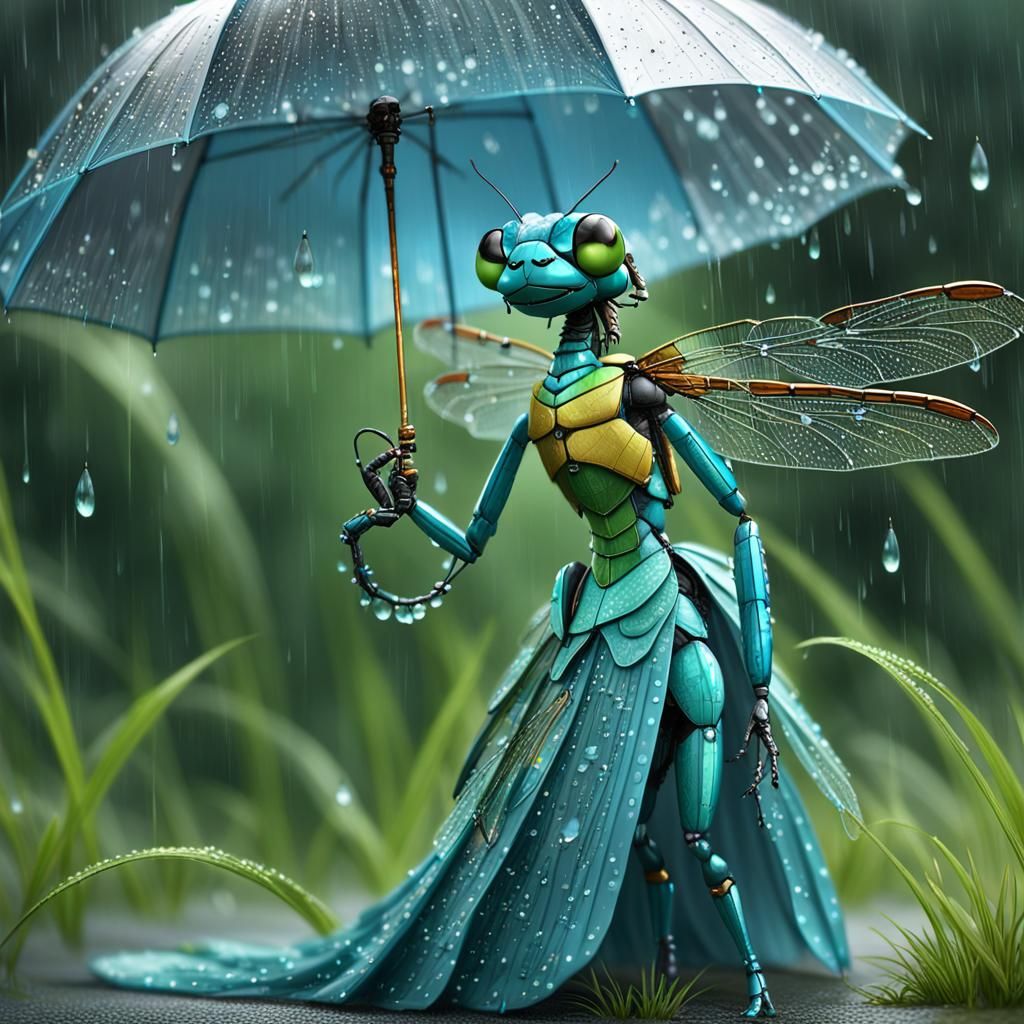 (A fabulous picturesque dragonfly with an umbrella, in the r...