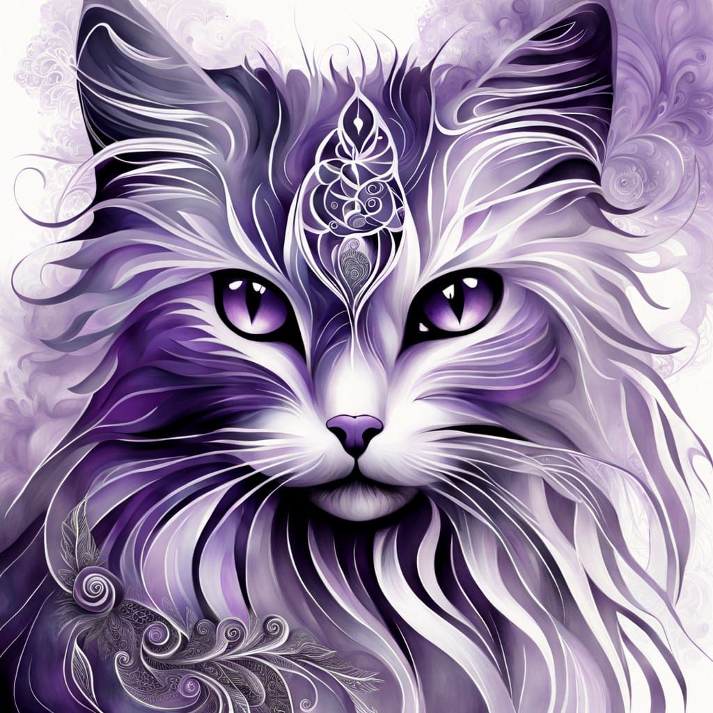 Whimsical Lavender Cat in Dark Fantasy Zentangle Style