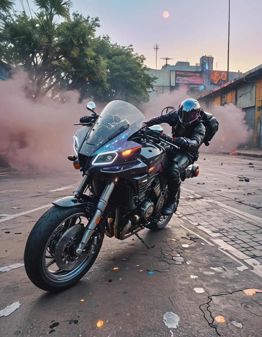 Cyberpunk Space Biker Rides Neon Galaxy