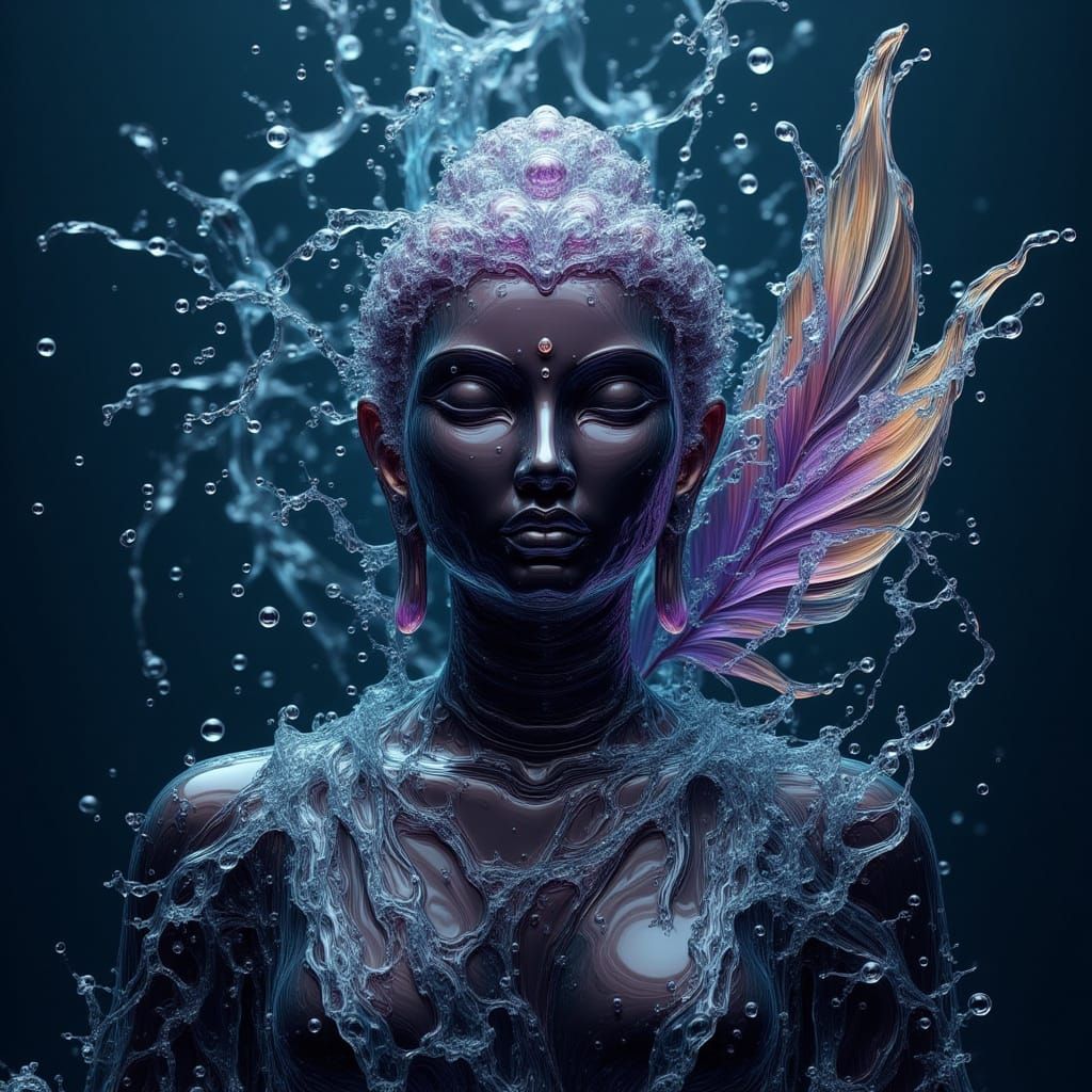 Iridescent Buddha in Water Sphere: Neon Highlights