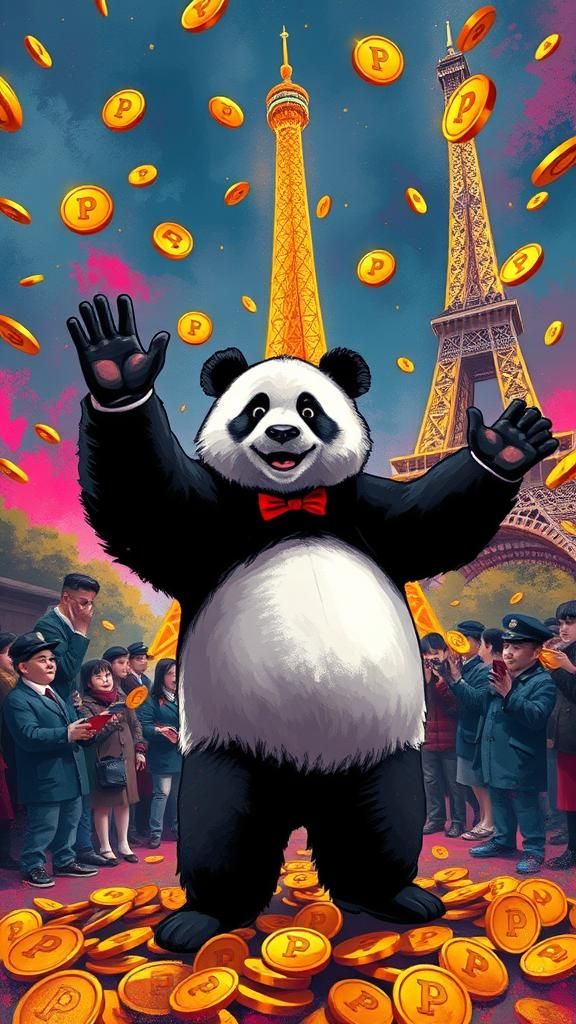 Panda President Waving near Eiffel Tower in Street Art Style
