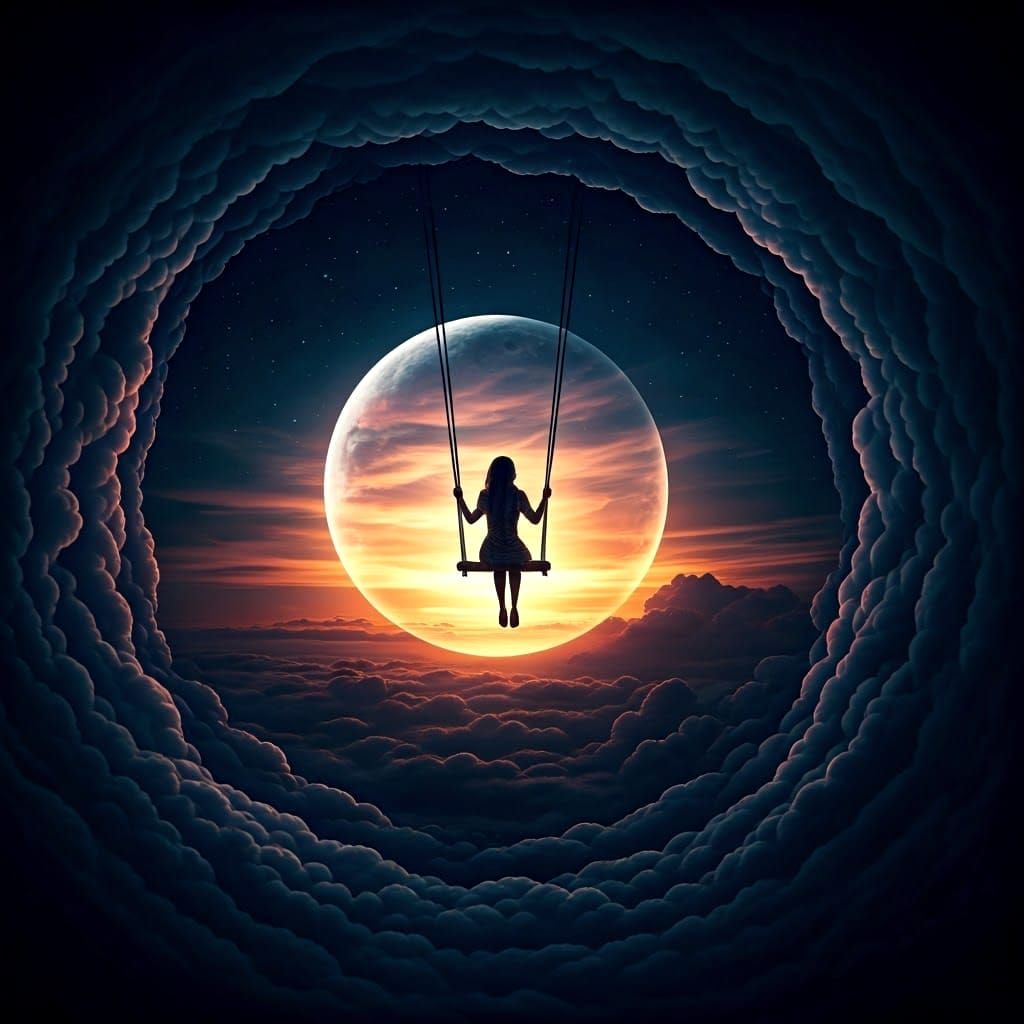 Girl on Crescent Moon Swing at Sunset