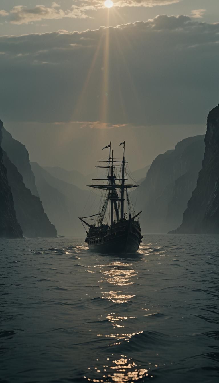 Boat Adrift Above Endless Abyss: Cinematic Film Still