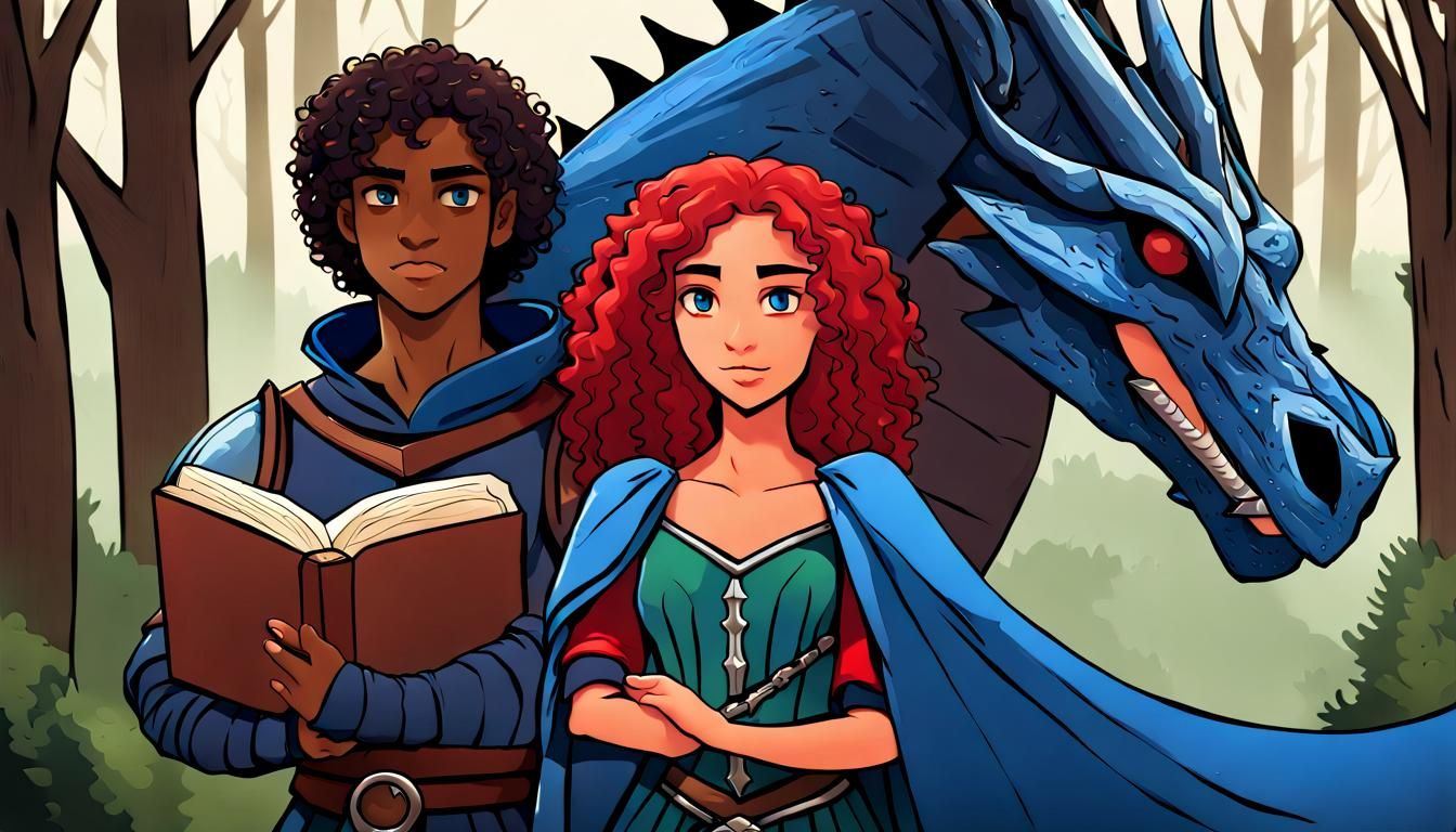 Knight and Woman Confront Dragon in Forest