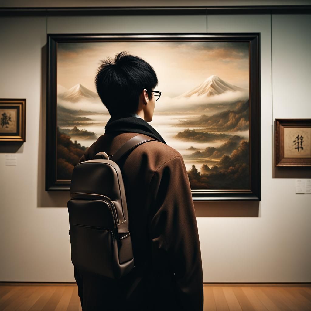 Japanese Man and Geisha Painting in Osaka Gallery