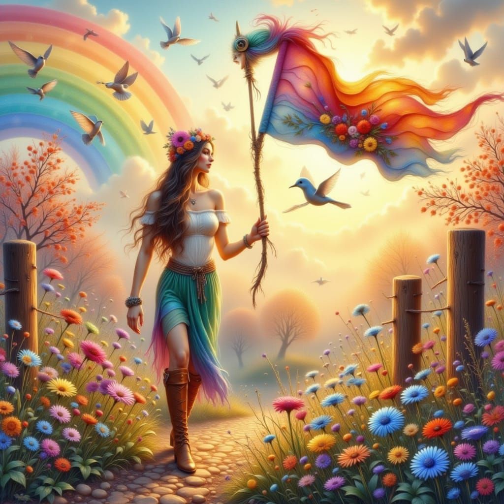 Woman Embracing Bisexuality with Rainbow Pride Flag