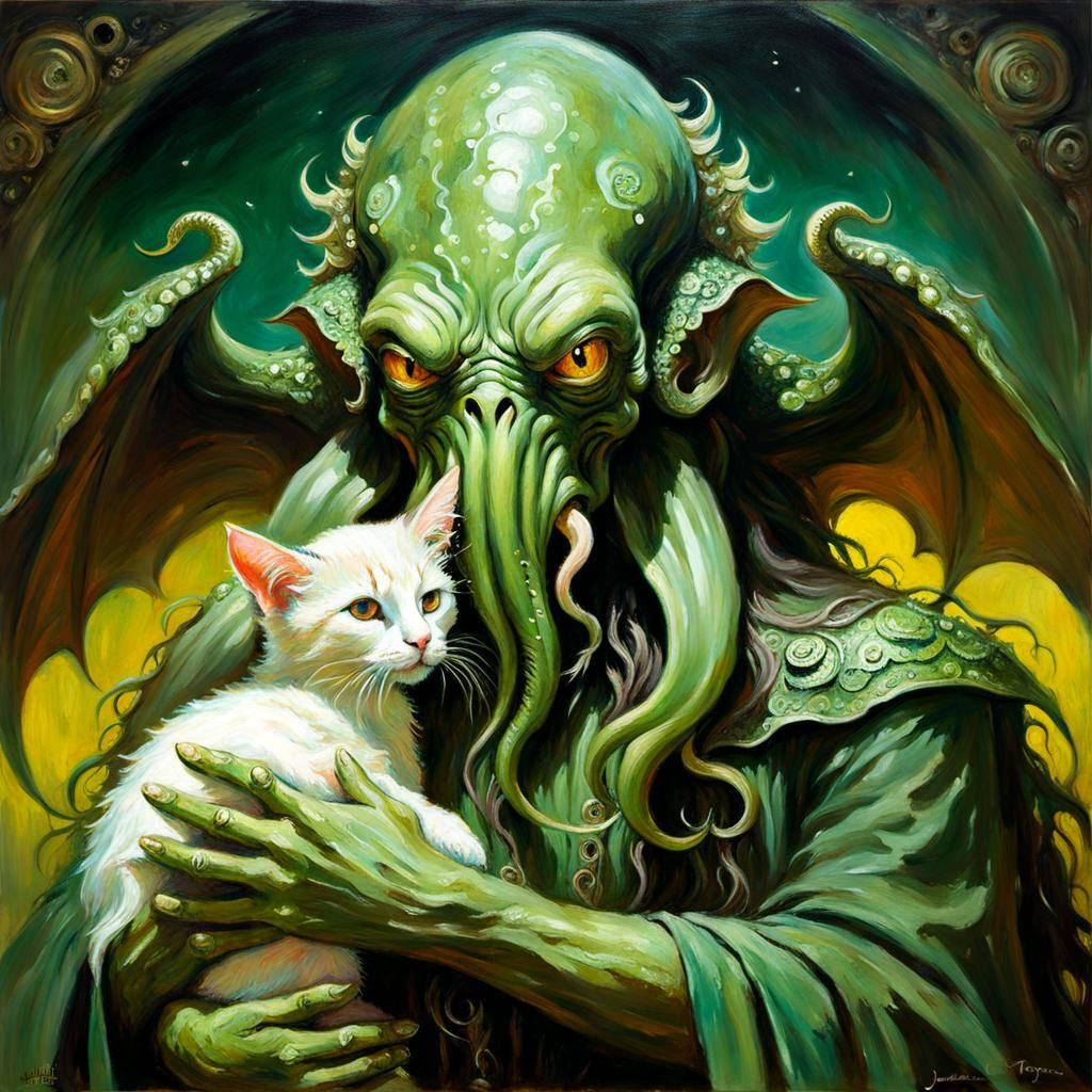 Cthulhu Cuddles Kitten: An Oil Painting