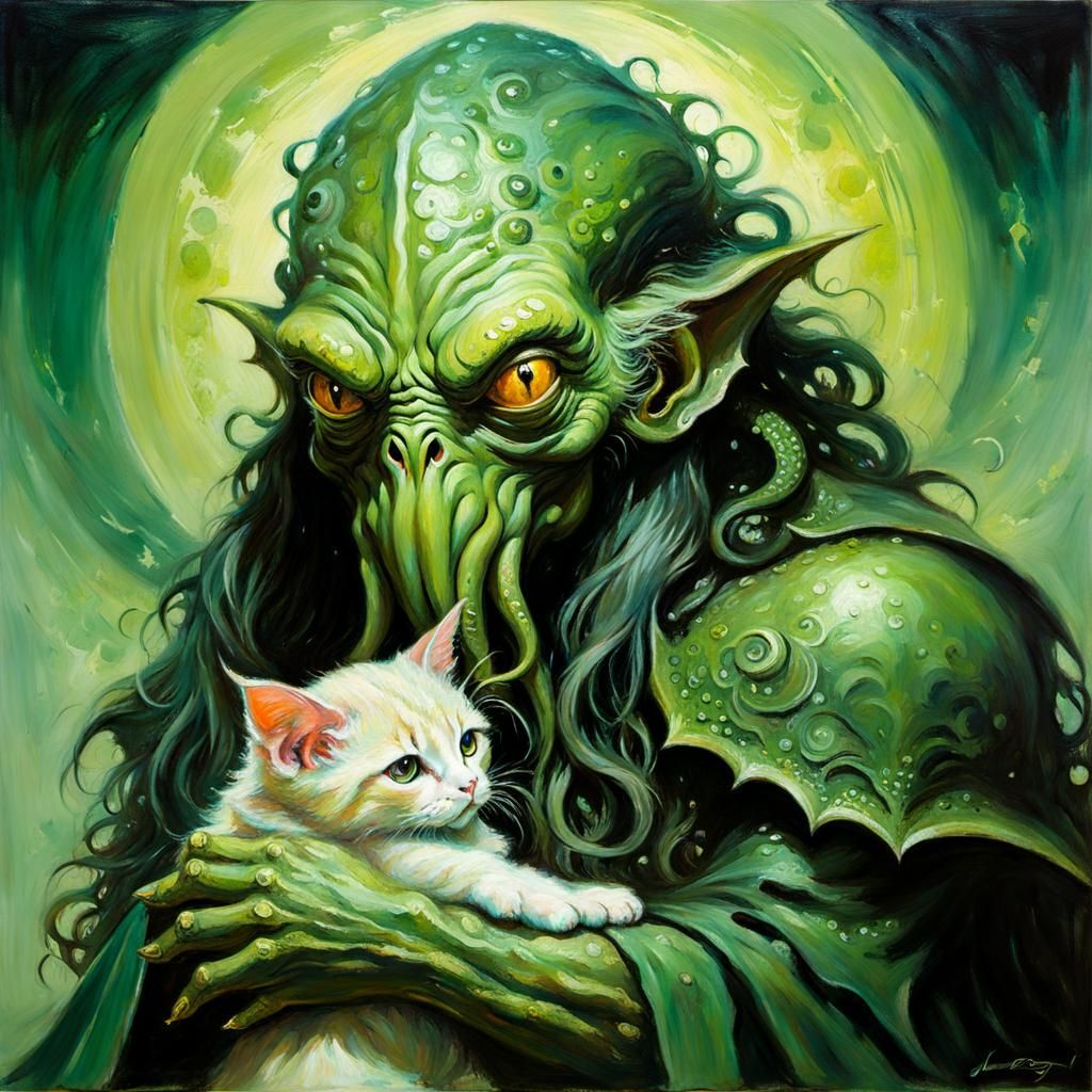 Cthulhu Cuddles Kitten: A Joyful Oil Painting
