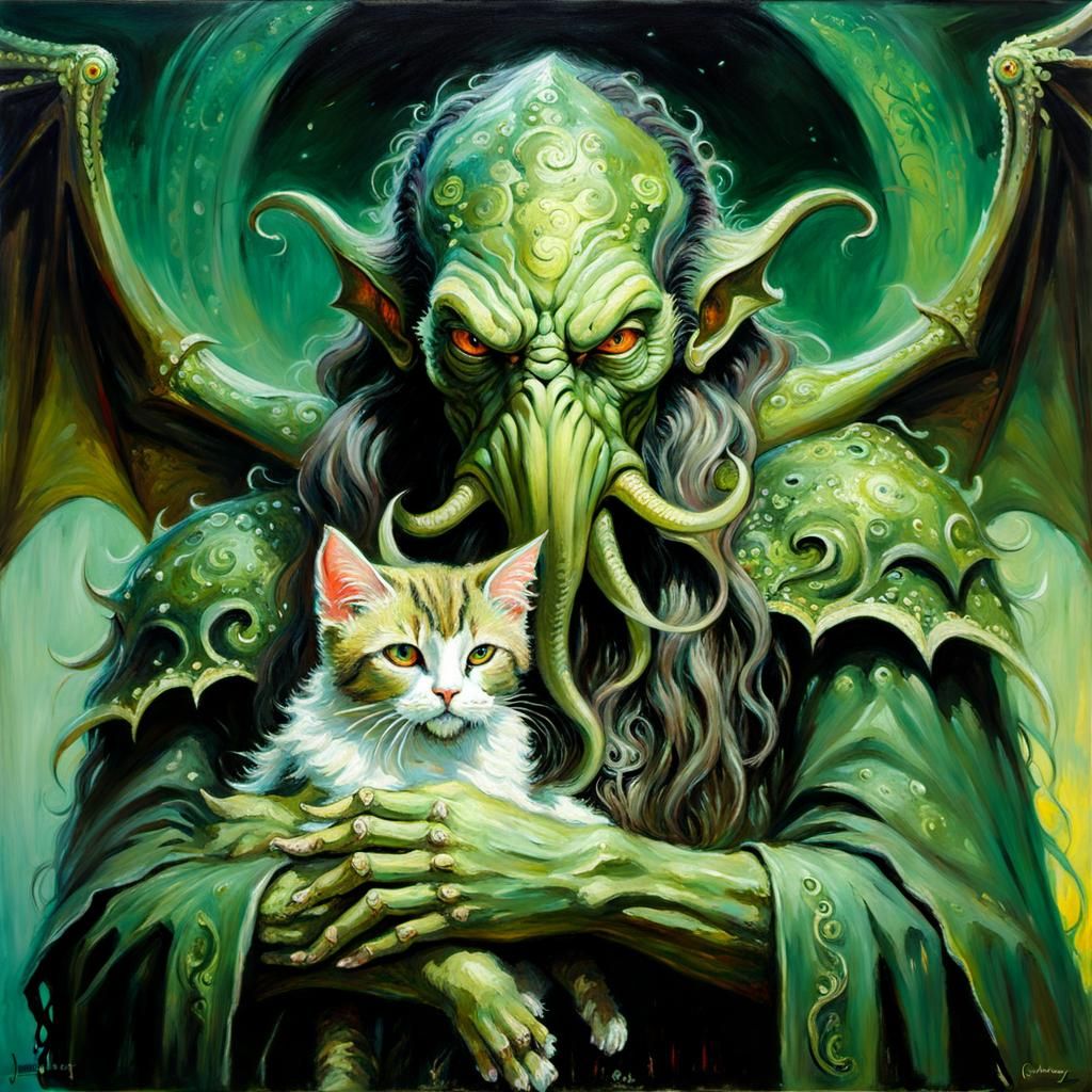 Cthulhu Cuddles Kitten: Detailed Oil Painting