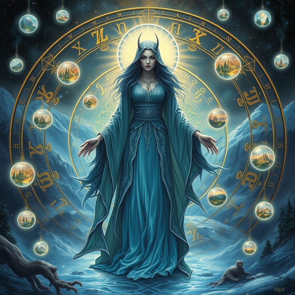 Enchanted Sorceress Amidst Celestial Sigils and Dreamlike Re...