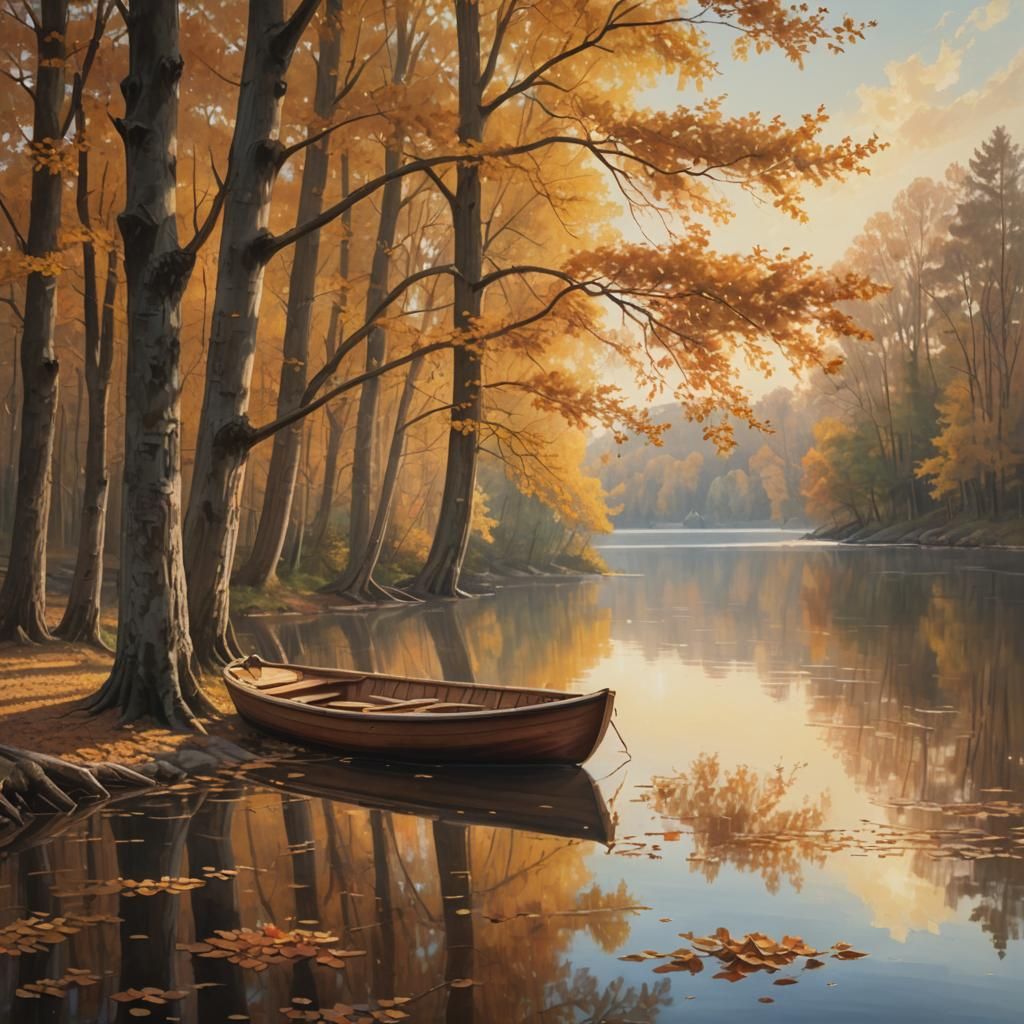 Autumn Lake Serenity: Photorealistic Oil Painting