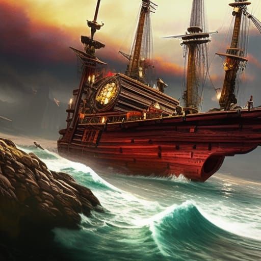 Hyperdetailed Pirate Ship with Red Rails