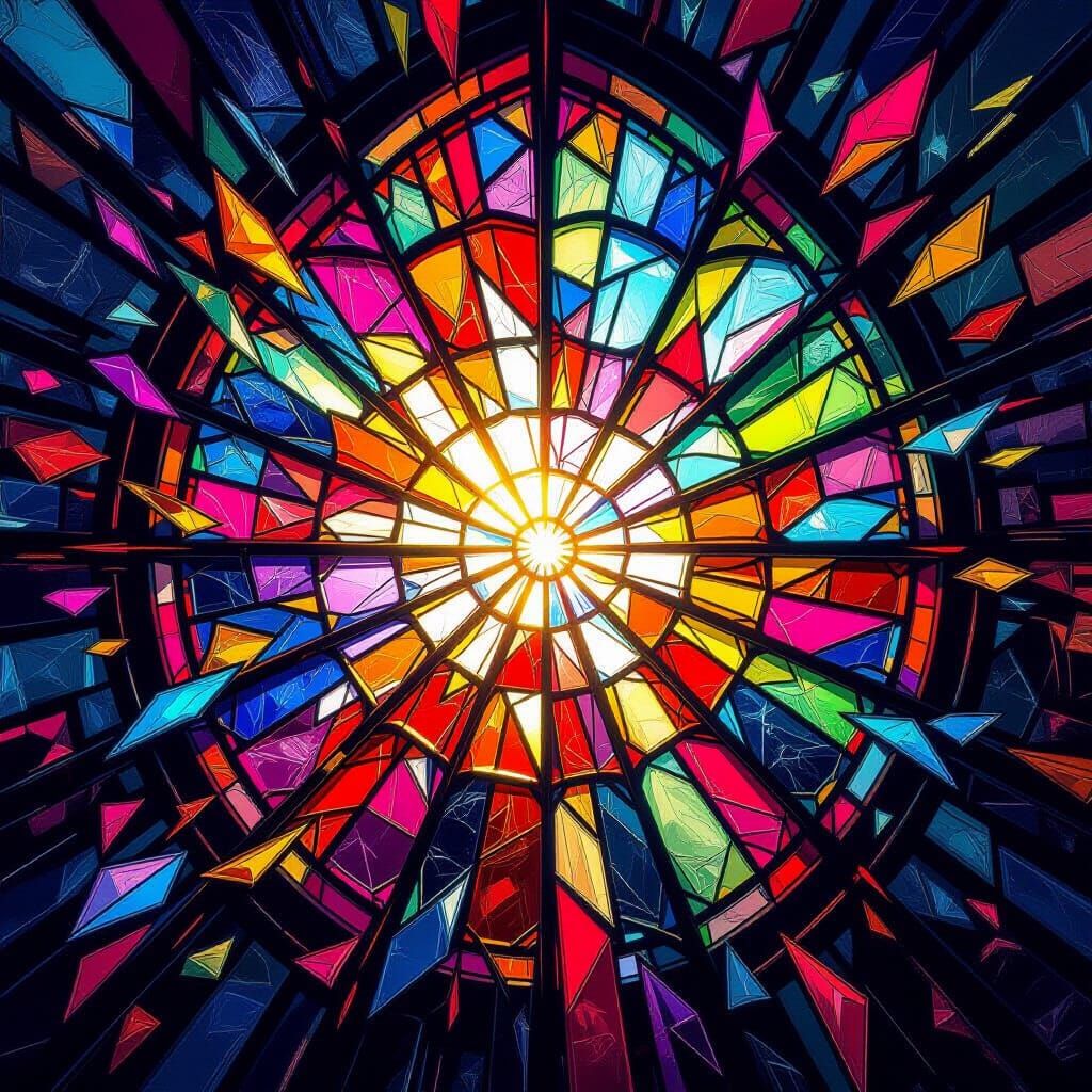 Exploding Stained Glass Window with Sunlight Burst