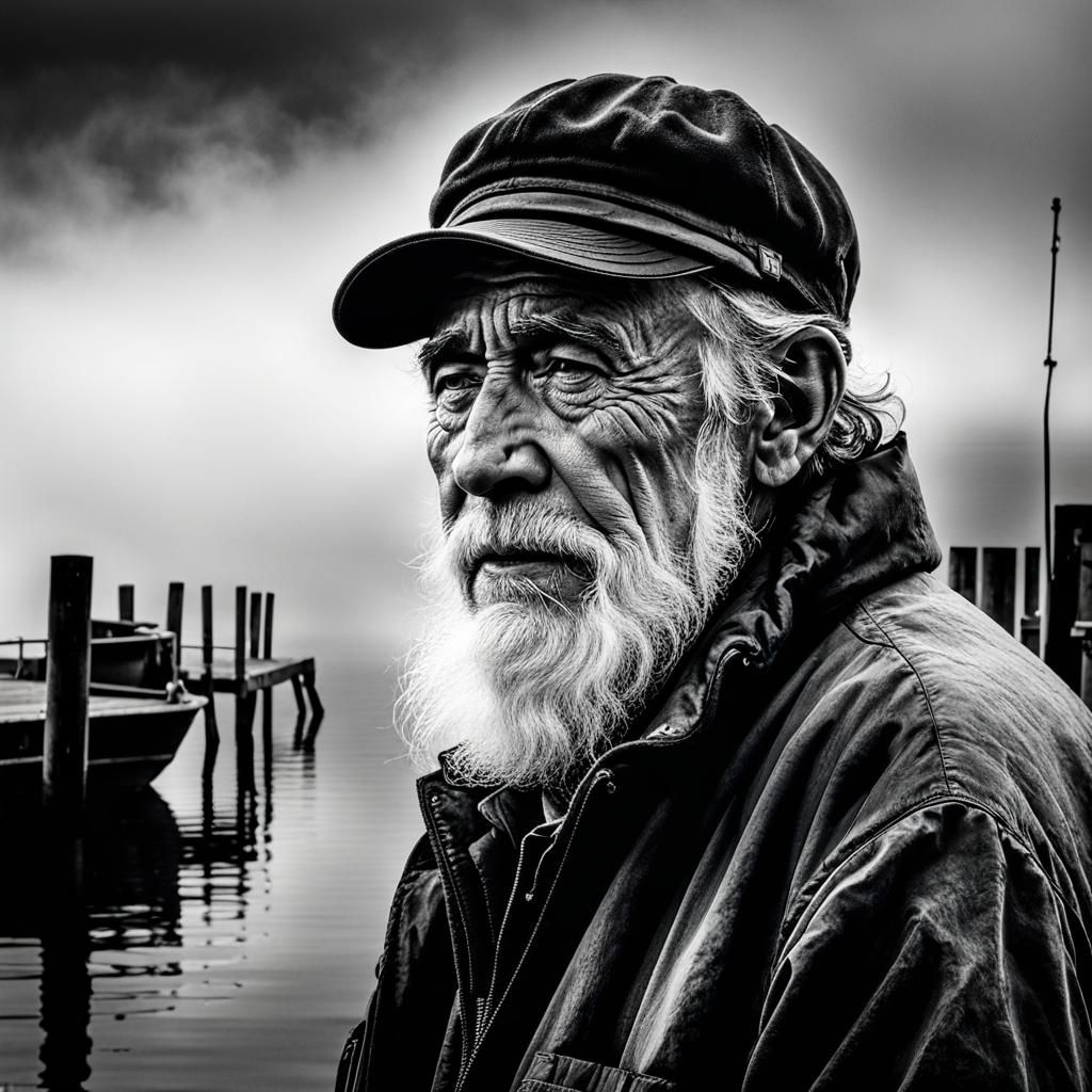 Ink Wash Portrait of Tired Fisherman with Beard