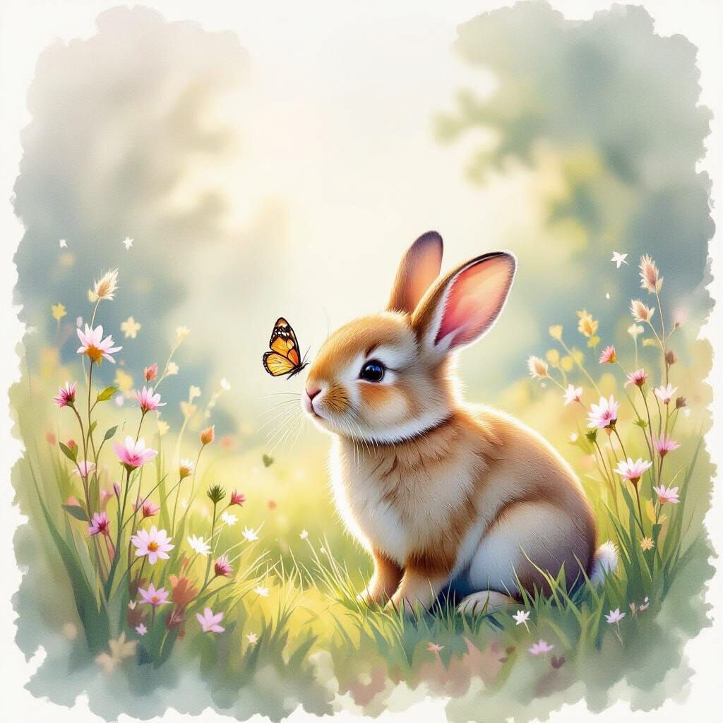 Cute Rabbit in Soft Watercolor Landscape